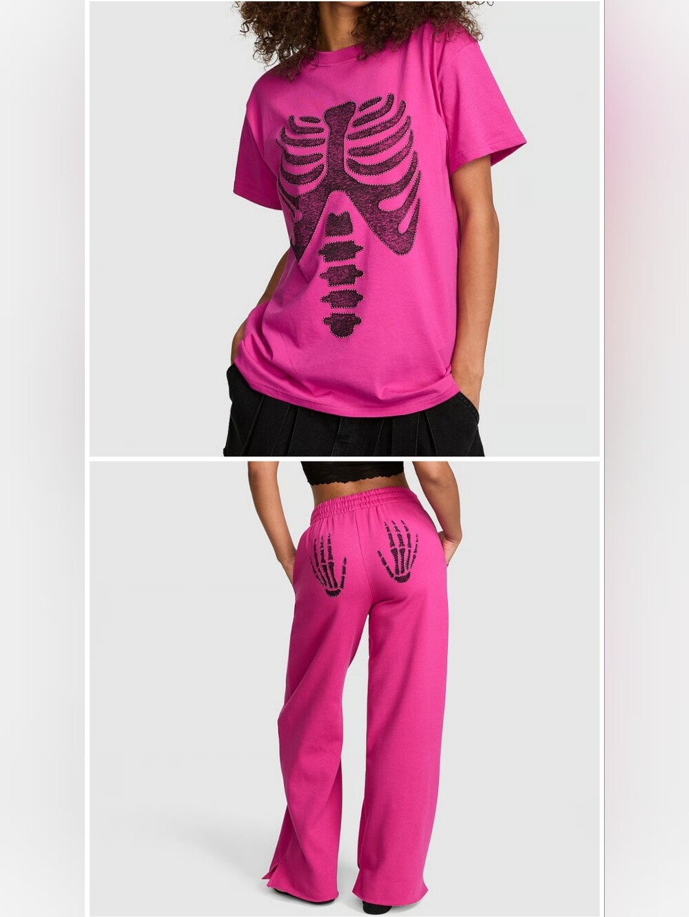 NWT VS PINK Campus Fleece Wide-Leg Sweatpants & Campus Tee Set Pink Skeleton